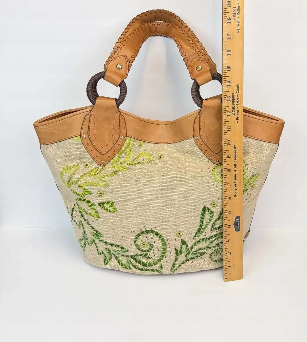 Cole Haan Canvas and Leather Tote with Green Floral Embroidery